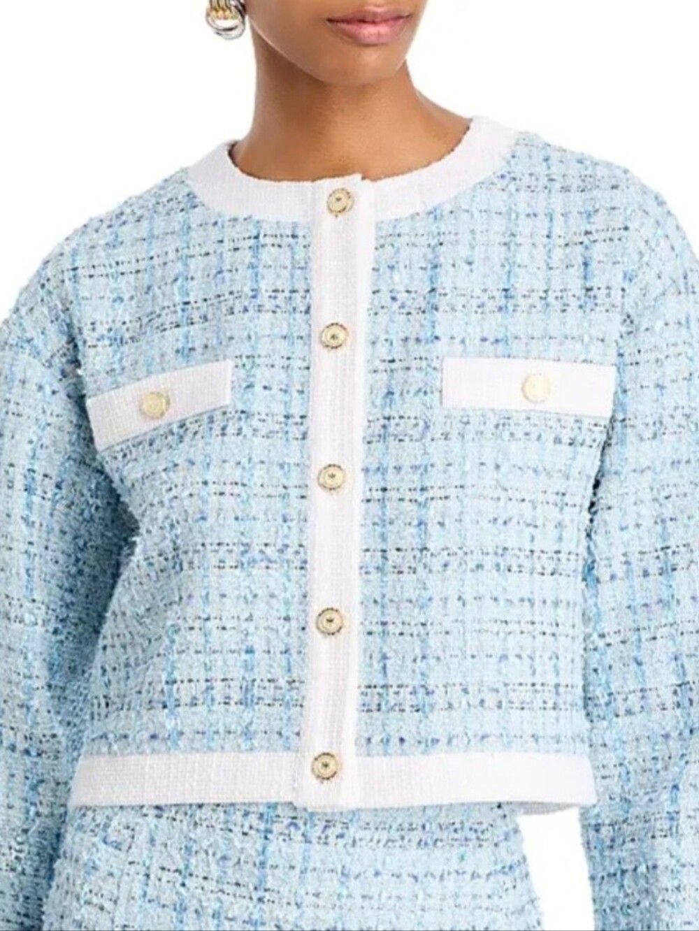Aqua Light Blue Tweed Jacket with White Trim